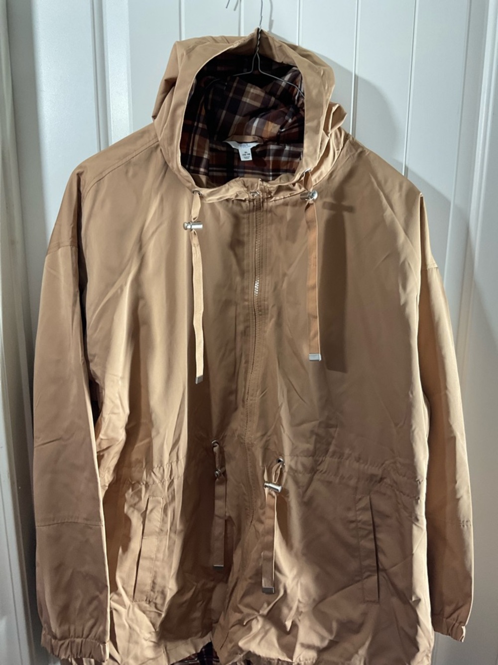 Time and Tru Light Tan Hooded Windbreaker with Plaid Lining